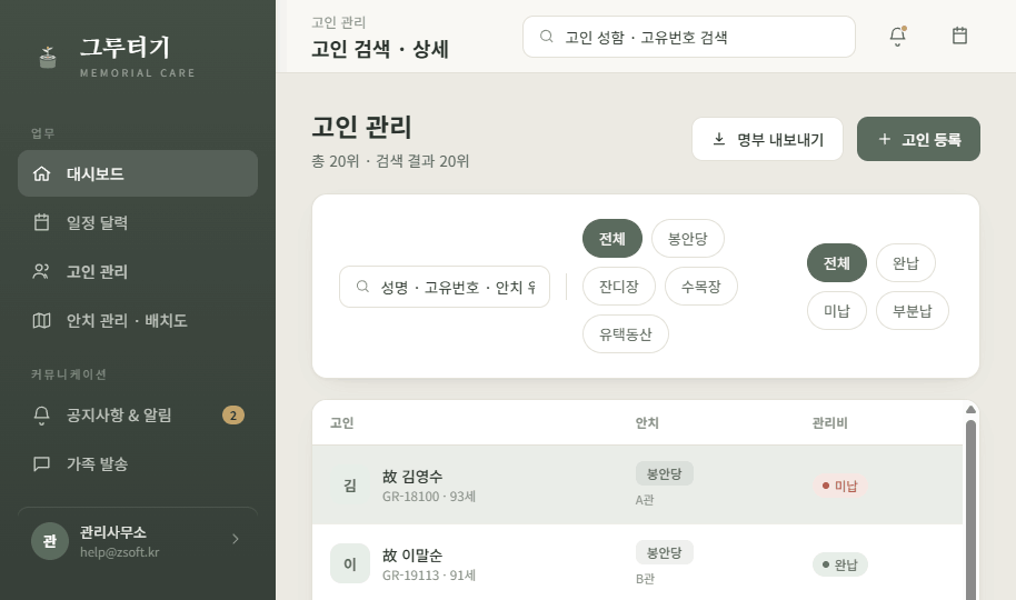 고인 관리 (관리자 웹)